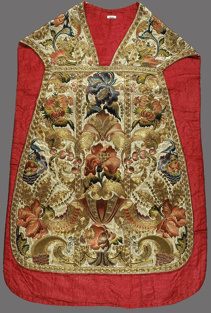 Chasuble (one of a set of five vestments), Silk, metallic thread, Italian, probably Sicily