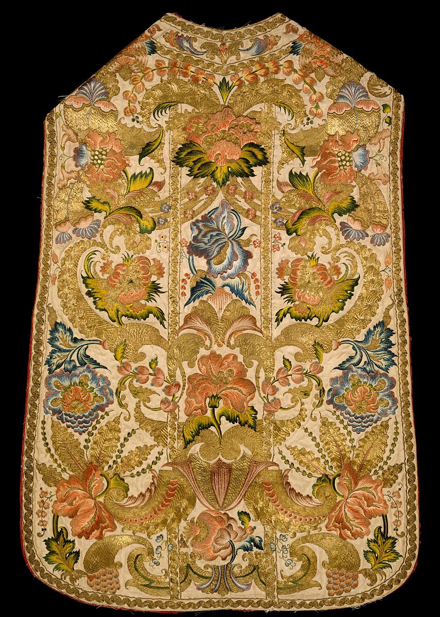 Chasuble (one of a set of five vestments), Silk, metallic thread, Italian, probably Sicily