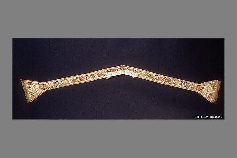Stole (one of a set of five vestments), Silk, metal thread, cotton, Italian, probably Sicily 