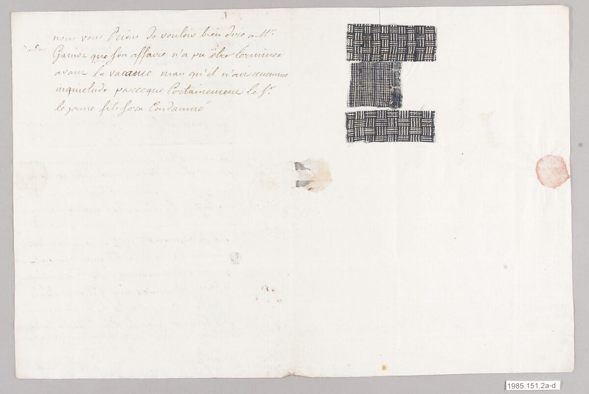 Textile swatch to accompany letter, French