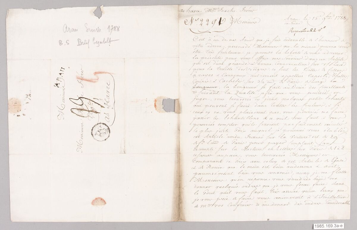 Letter with textile samples, French 