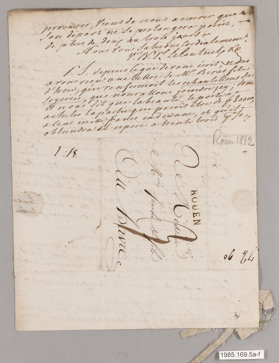 Textile swatch to accompany letter, French