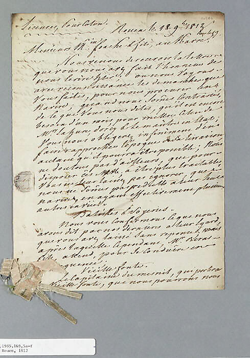 Textile swatch to accompany letter, French