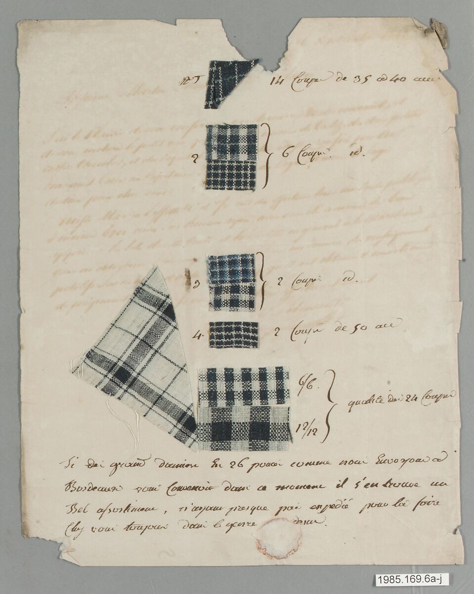 Letter with textile samples, French 