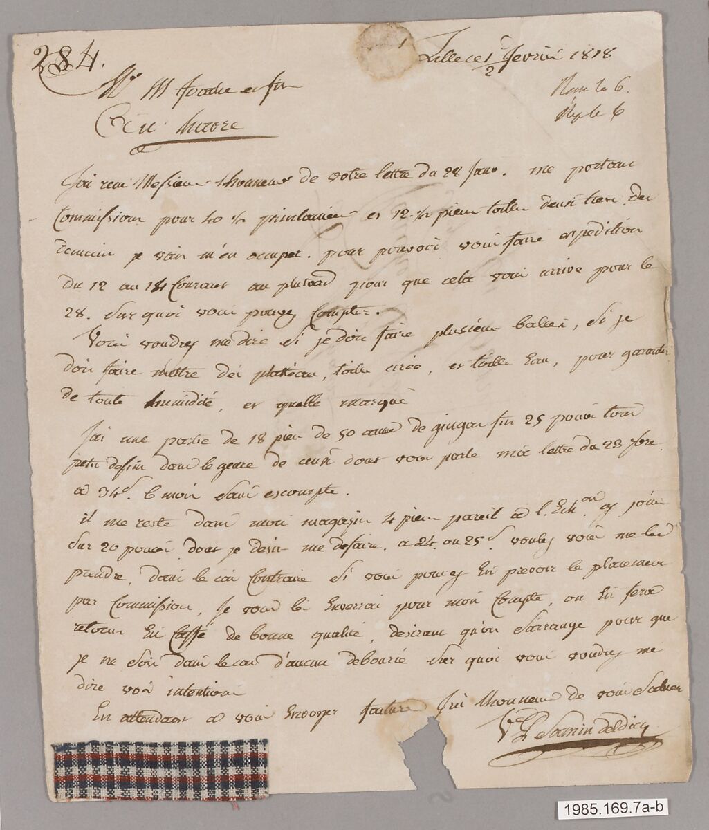 Letter with textile samples, French 