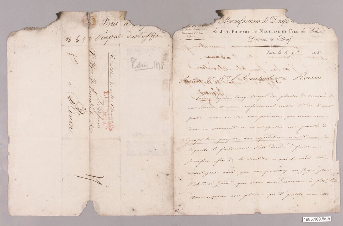 Letter with textile samples, French