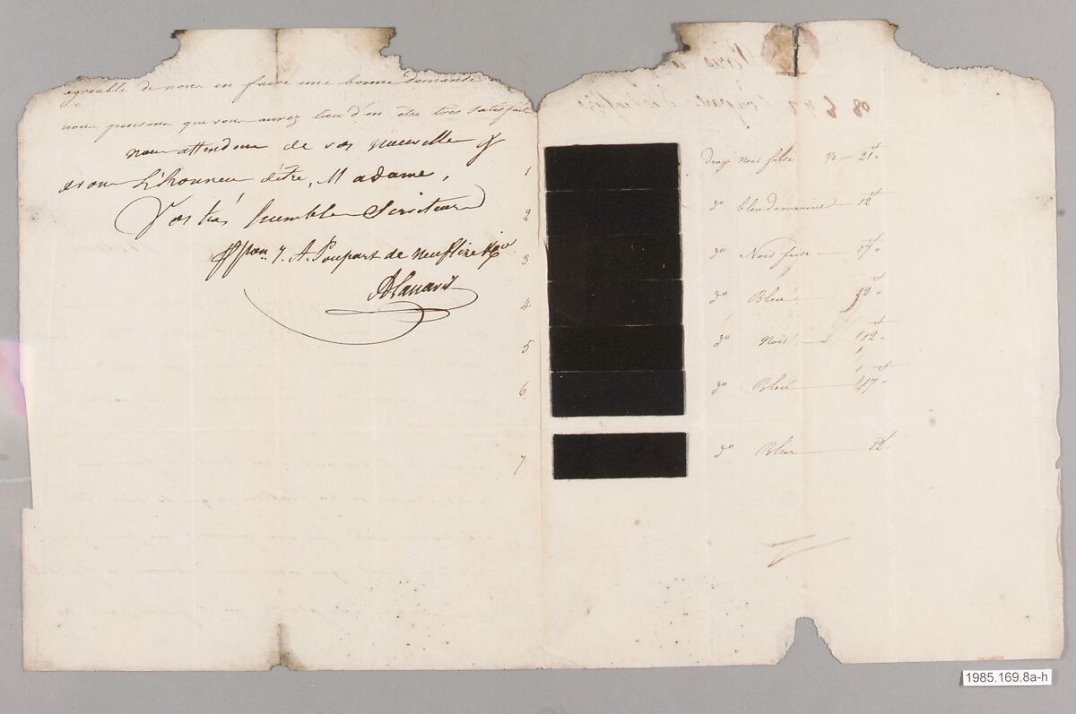 Letter with textile samples, French 
