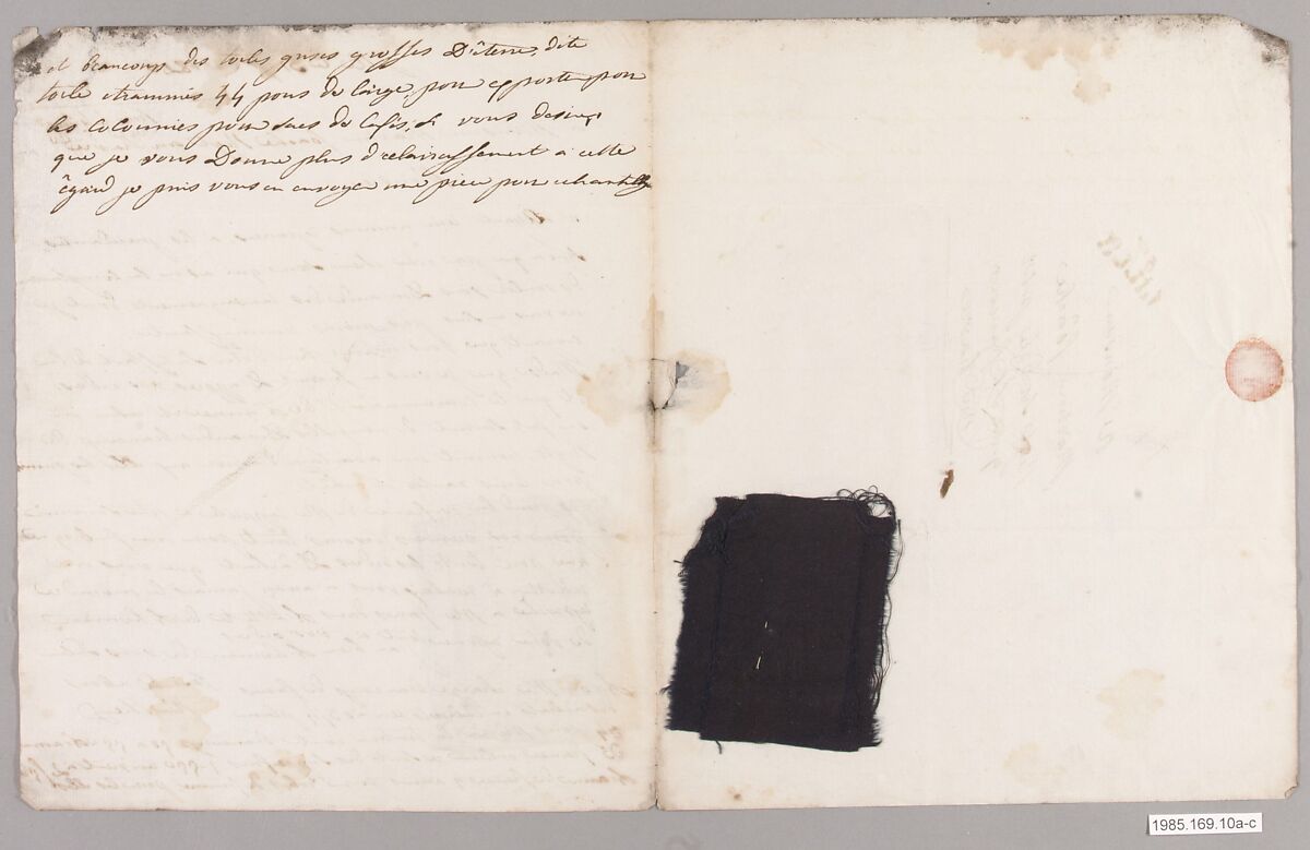Letter with textile samples, French