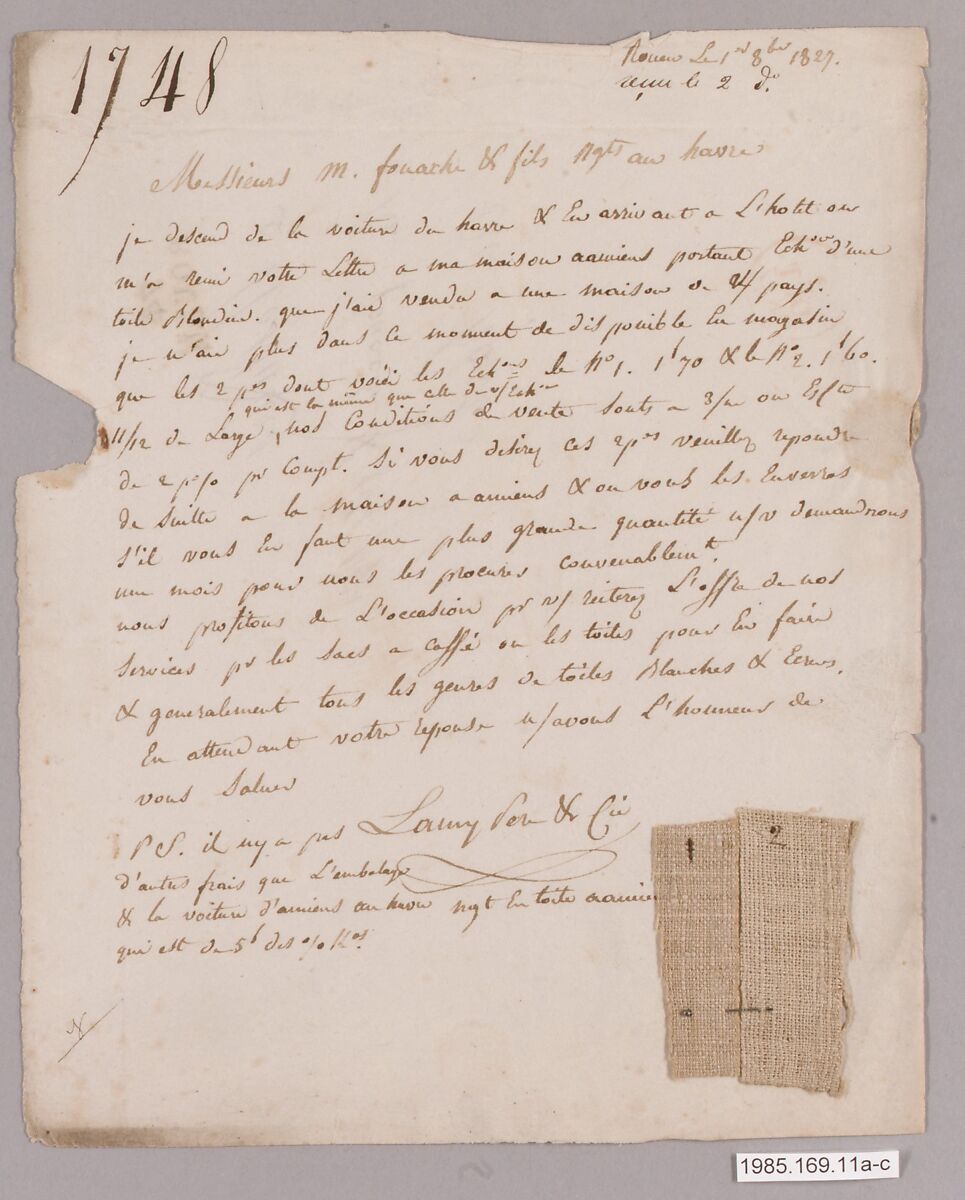 Letter with textile samples, French 
