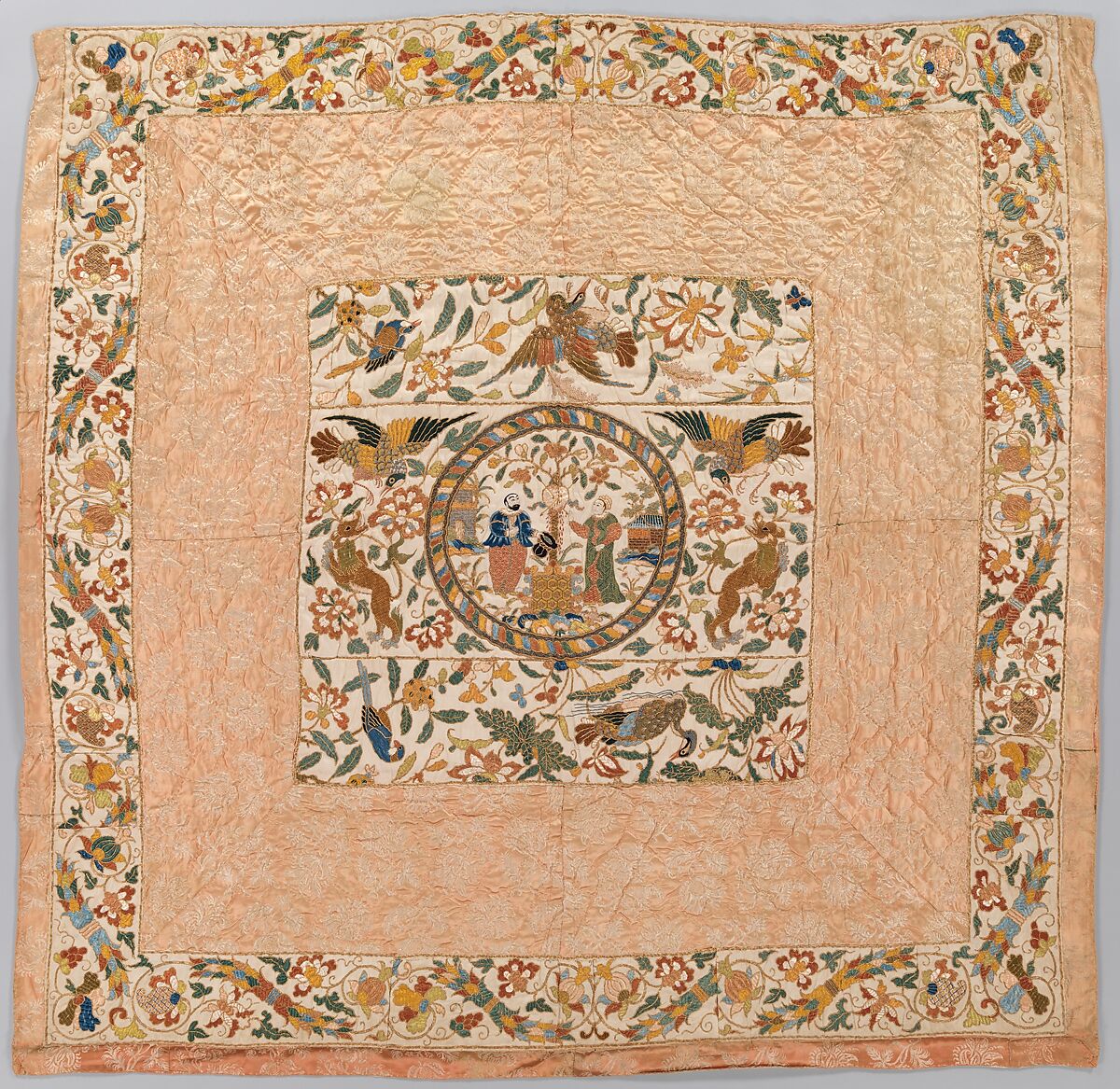 Quilt, Central panel and outer border: silk, embroidered with silk and gilt-paper-wrapped thread; inner border: silk damask, Chinese, for European market, and European 