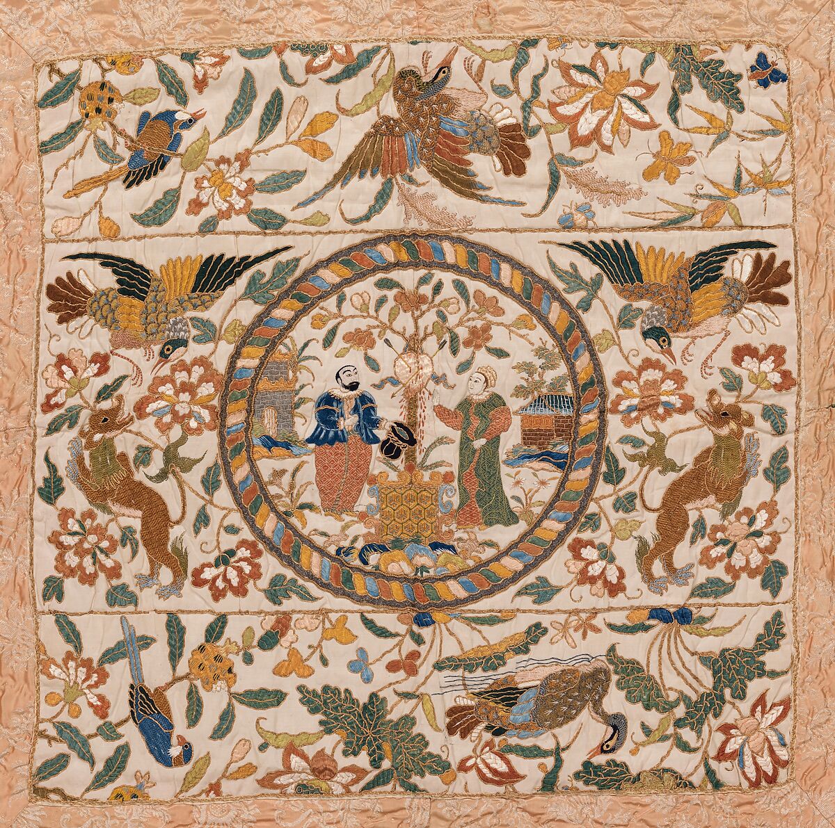 Quilt, Central panel and outer border: silk, embroidered with silk and gilt-paper-wrapped thread; inner border: silk damask, Chinese, for European market, and European