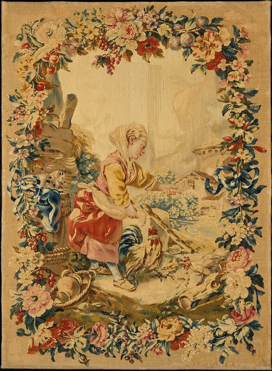 Girl Feeding Chickens from the series known as the Enfants de Boucher, After a painting by François Boucher (French, Paris 1703–1770 Paris), Wool, silk (27 warps per inch, 10-11 per cm.), French, Paris 