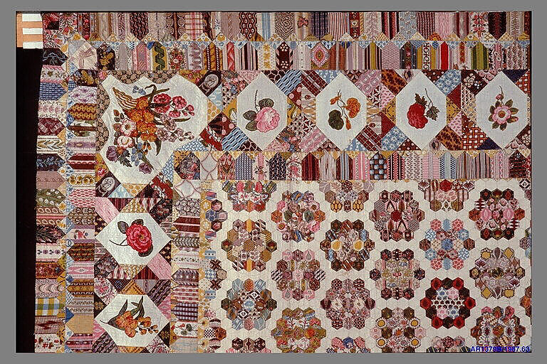 Quilt, Cotton with wool crewel embroidery, British