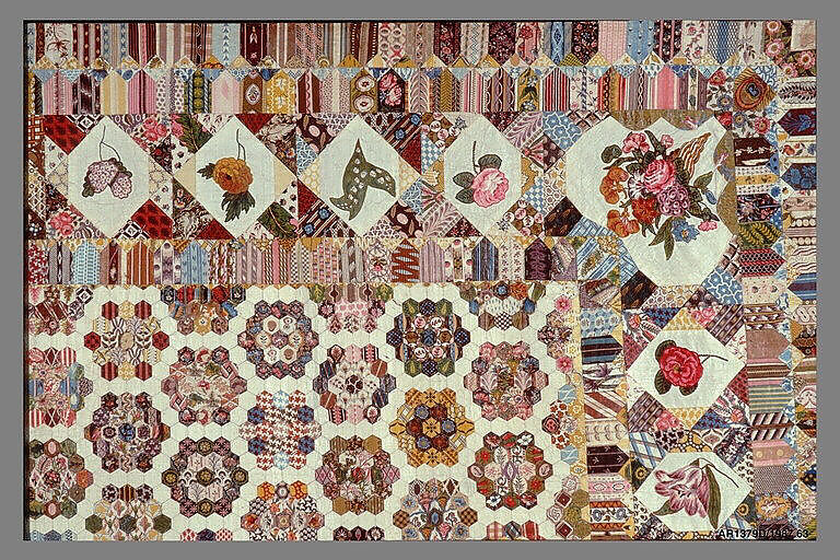 Quilt, Cotton with wool crewel embroidery, British