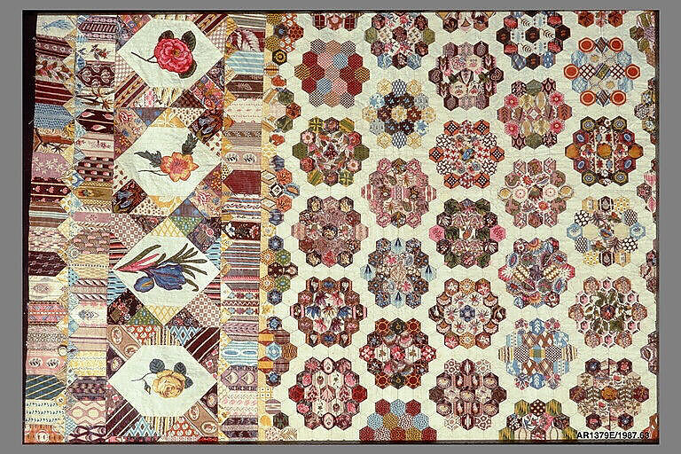 Quilt, Cotton with wool crewel embroidery, British