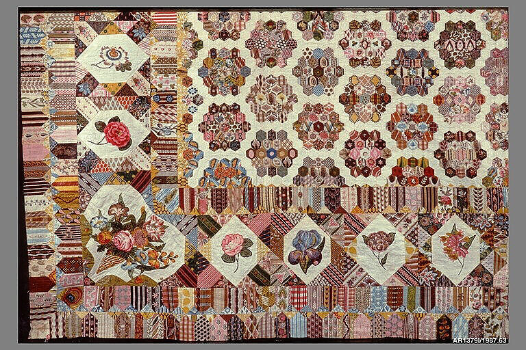 Quilt, Cotton with wool crewel embroidery, British