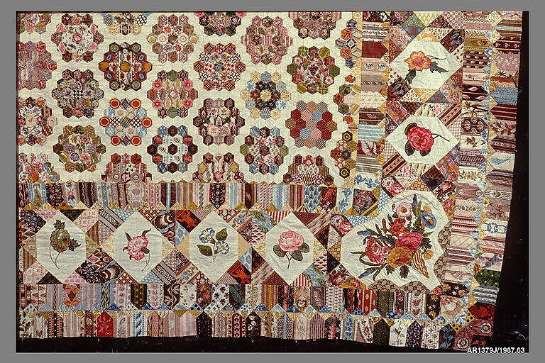 Quilt, Cotton with wool crewel embroidery, British