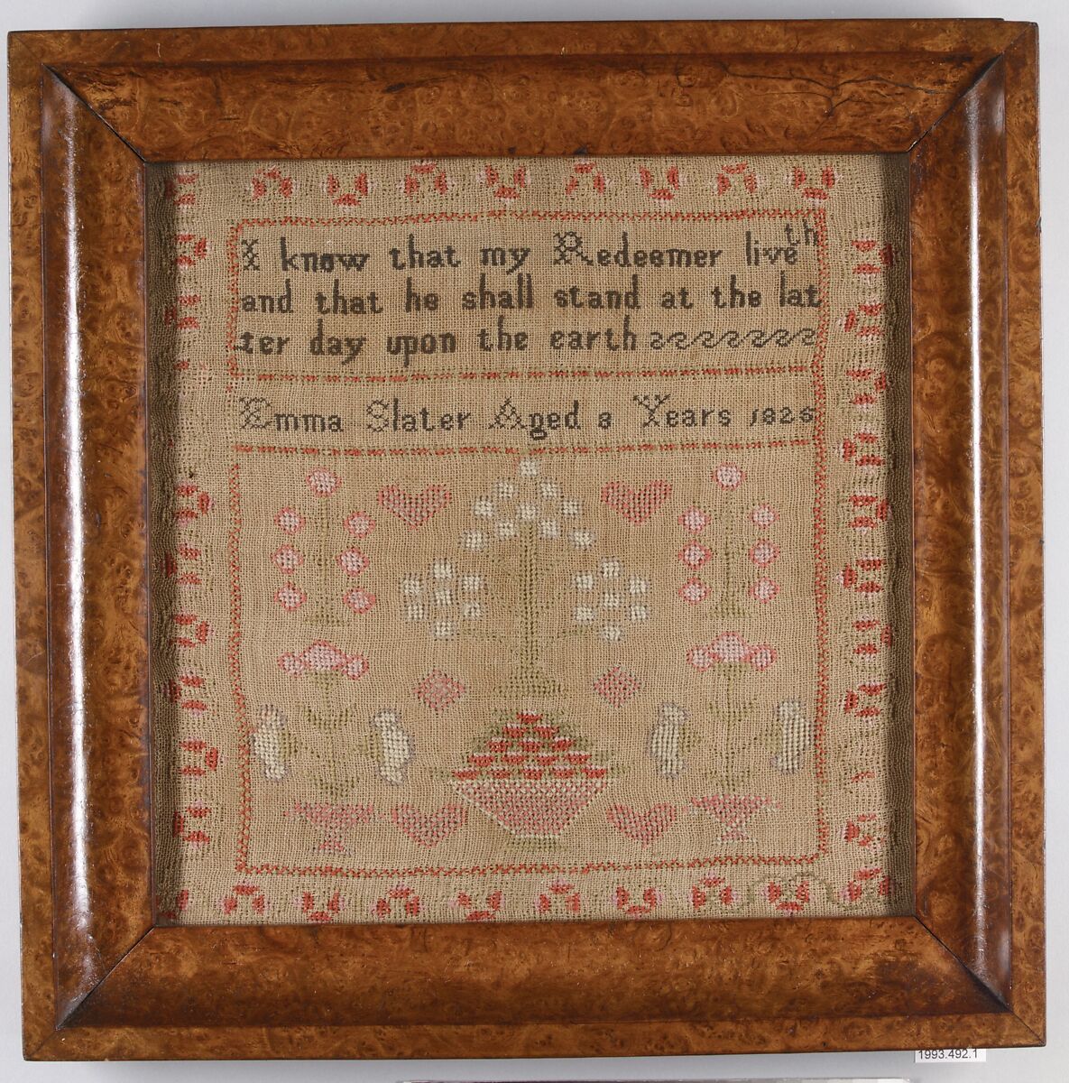 Sampler, Emma Slater (British), Linen, silk; wood frame, British, probably Birmingham 