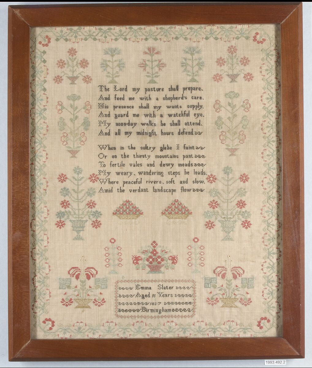 Sampler, Emma Slater (British), Silk, wool; wood frame, British 