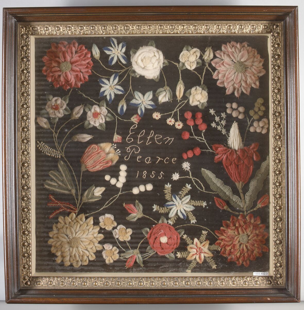 Picture or pillow face, Ellen Pearce, Wool, silk; wood frame, British or American