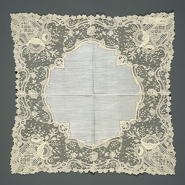 Handkerchief, Needle lace, Point de Gaze, linen, Belgian 