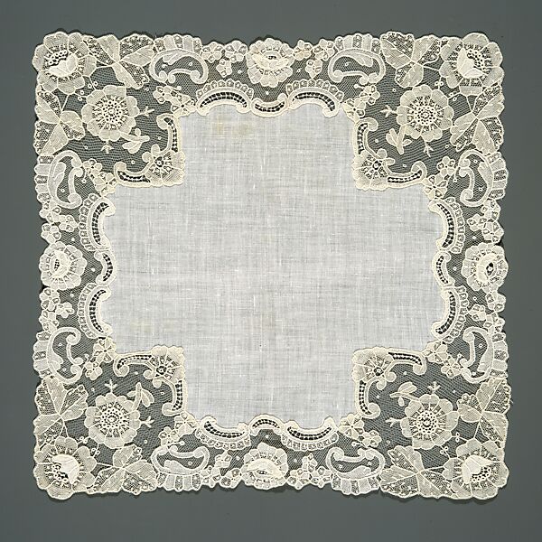 Handkerchief, Needle lace, Point de Gaze, linen, Belgian 