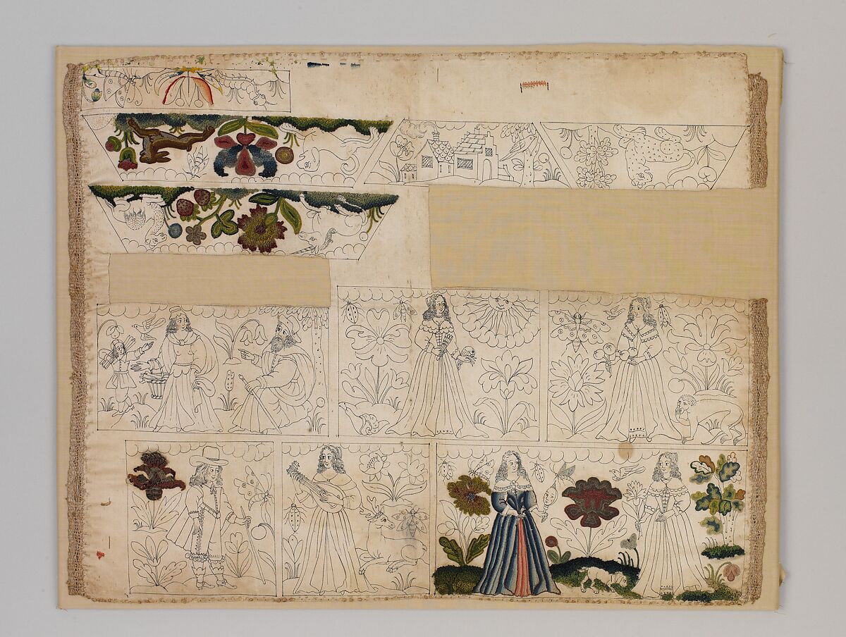 Unfinished cabinet panels, Satin worked with silk, and metal thread, silk purl, linen, ink and pigment; primarily couching stitches, British 