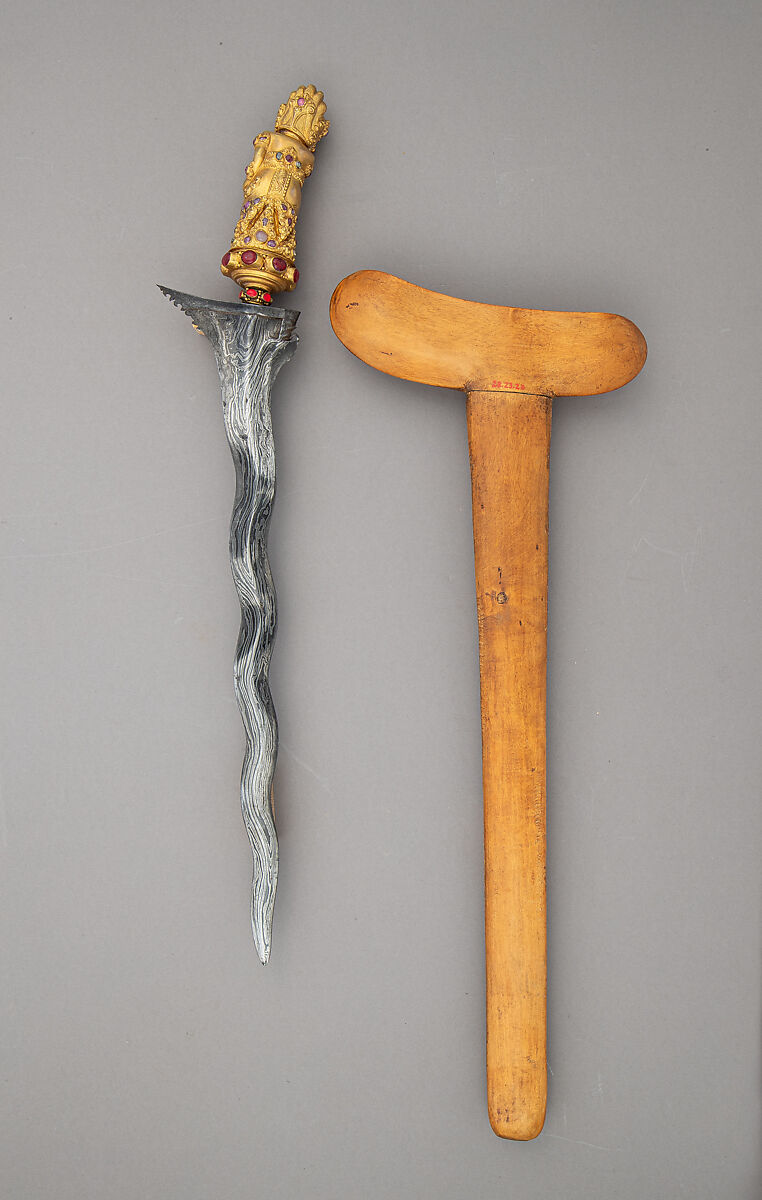 Kris with Sheath, the hilt representing Batara Bayu, Steel, wood, gold, semiprecious stones, Balinese