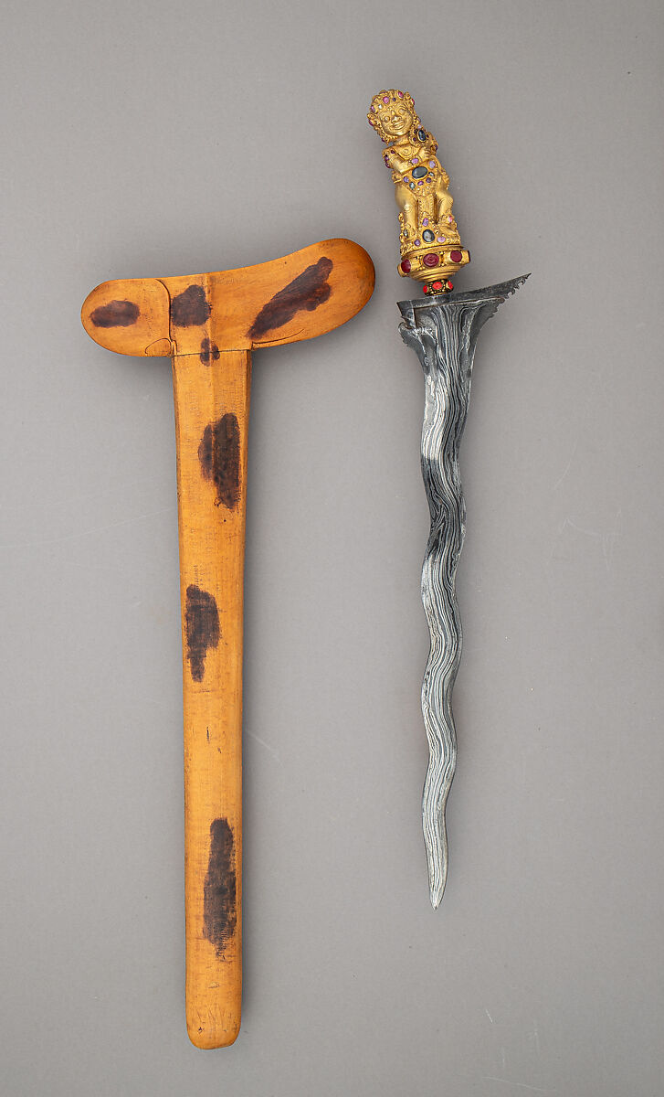 Kris with Sheath, the hilt representing Batara Bayu, Steel, wood, gold, semiprecious stones, Balinese