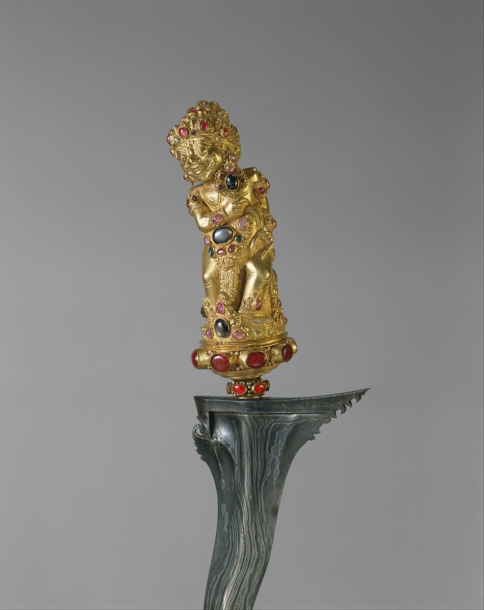 Kris with Sheath, the hilt representing Batara Bayu, Steel, wood, gold, semiprecious stones, Balinese