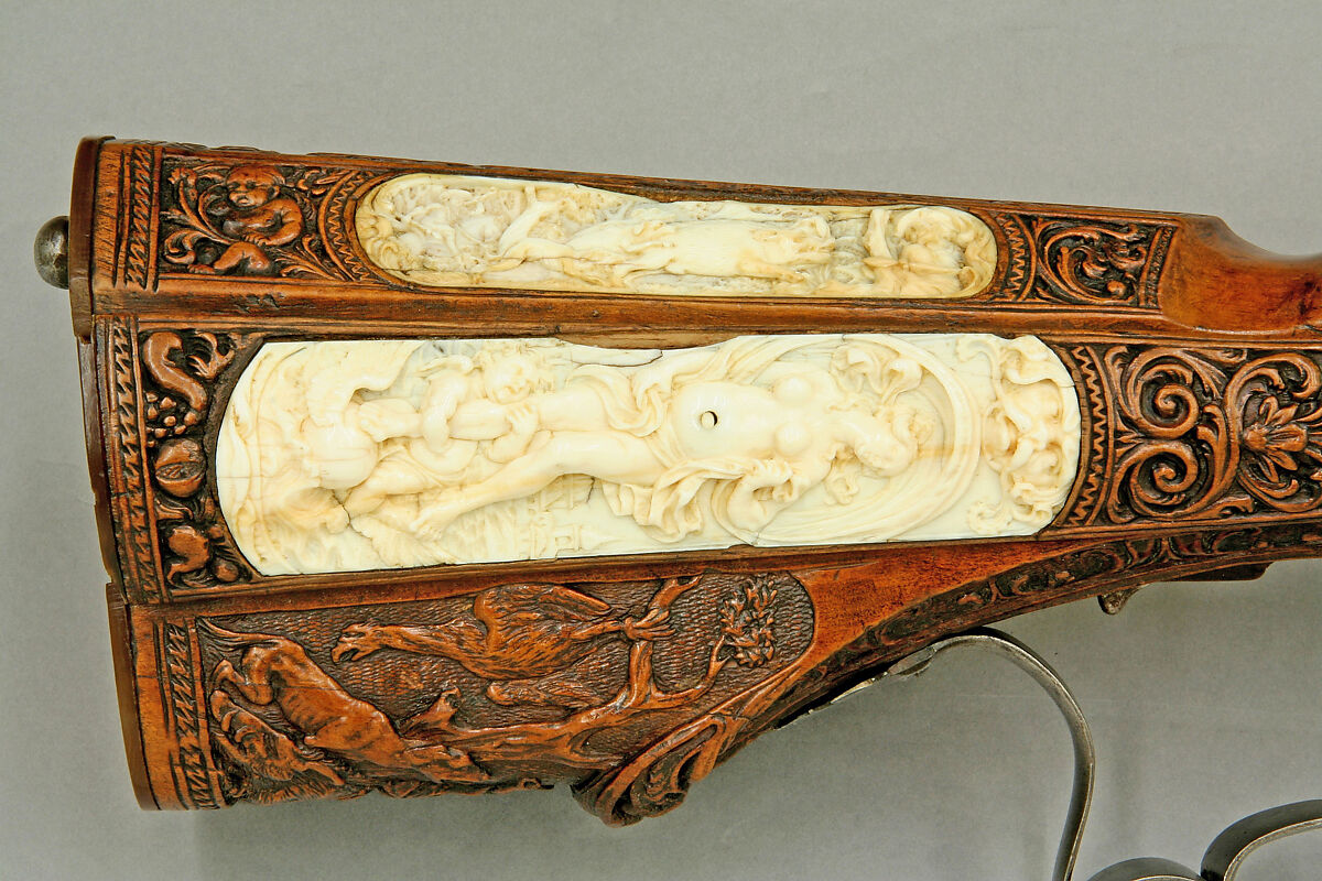 Wheellock Rifle Made for Emperor Leopold I, Johann Michael Maucher (German, Schwäbisch Gmünd, 1645–1701), Steel, pearwood, ivory, mother-of-pearl, German, Schwäbisch Gmünd