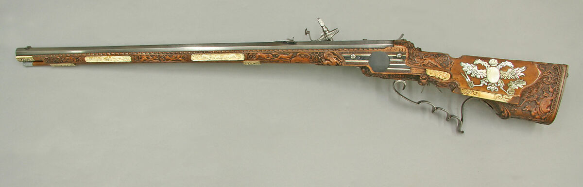 Wheellock Rifle Made for Emperor Leopold I, Johann Michael Maucher (German, Schwäbisch Gmünd, 1645–1701), Steel, pearwood, ivory, mother-of-pearl, German, Schwäbisch Gmünd