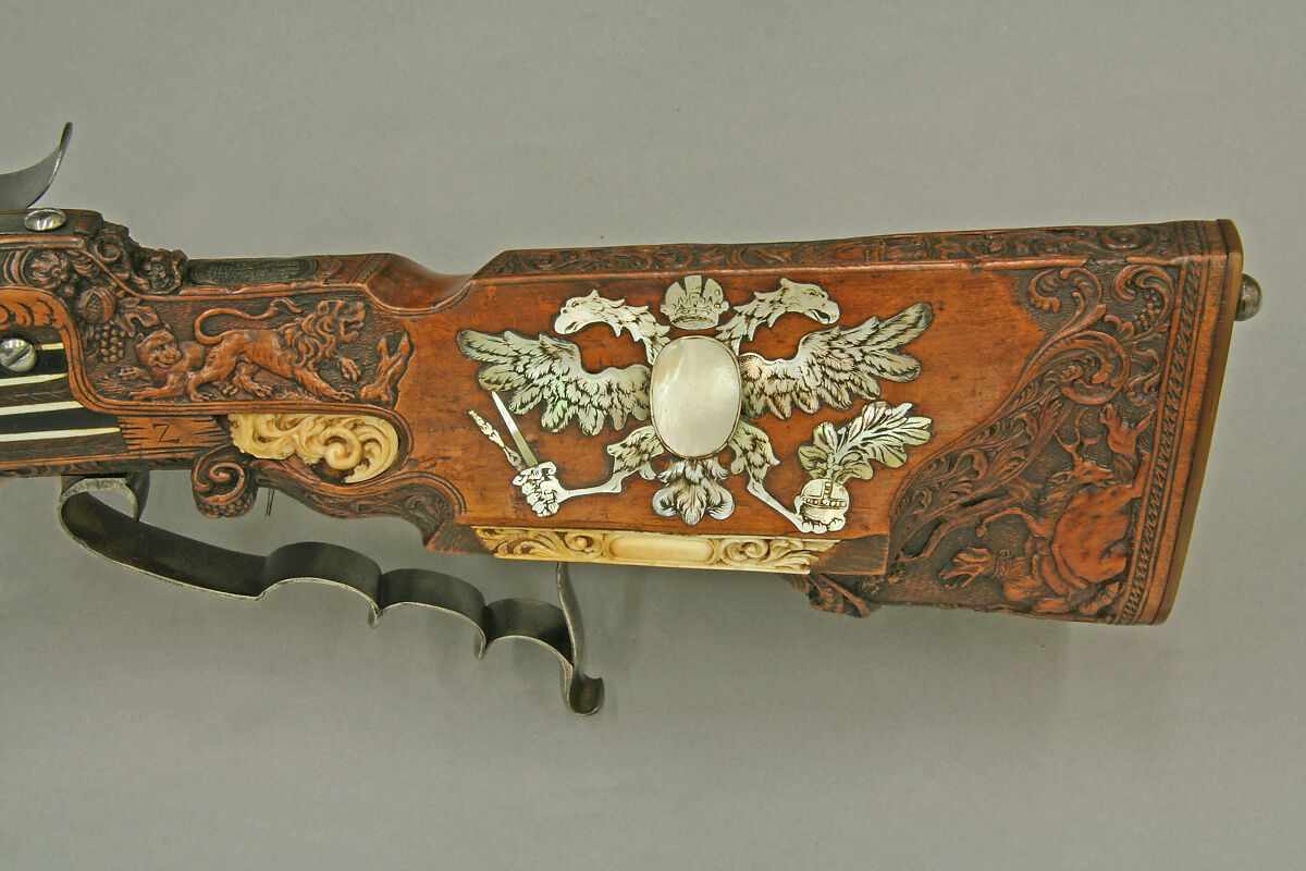 Wheellock Rifle Made for Emperor Leopold I, Johann Michael Maucher (German, Schwäbisch Gmünd, 1645–1701), Steel, pearwood, ivory, mother-of-pearl, German, Schwäbisch Gmünd