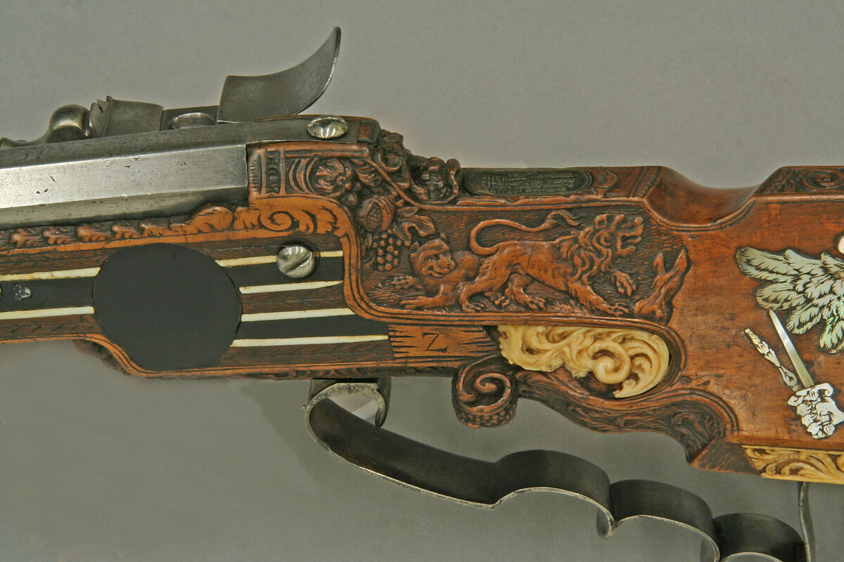 Wheellock Rifle Made for Emperor Leopold I, Johann Michael Maucher (German, Schwäbisch Gmünd, 1645–1701), Steel, pearwood, ivory, mother-of-pearl, German, Schwäbisch Gmünd