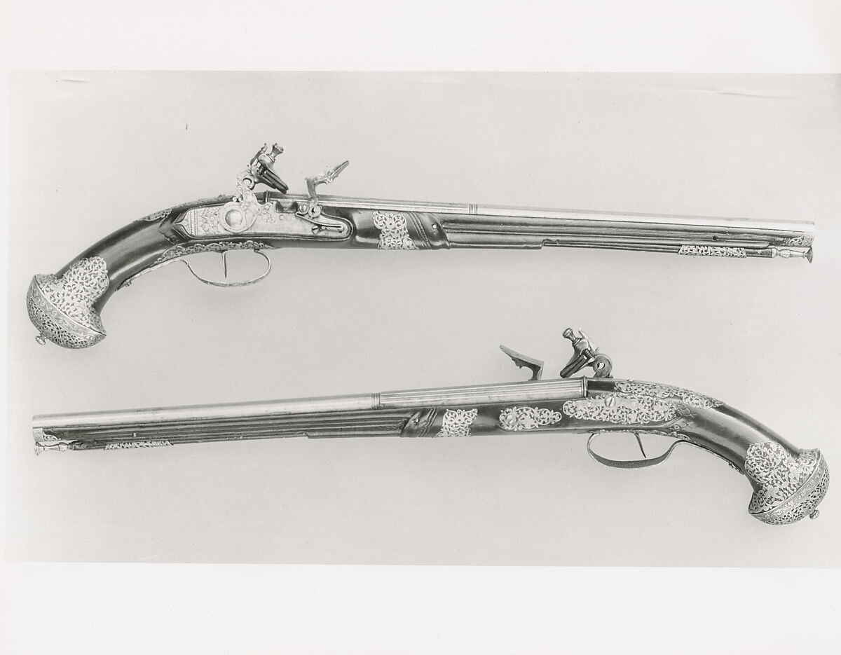 Pair of Flintlock Pistols, Girolamo Francino (Italian, Brescia, recorded 1666–1709), Steel, wood (walnut), Italian, Brescia 