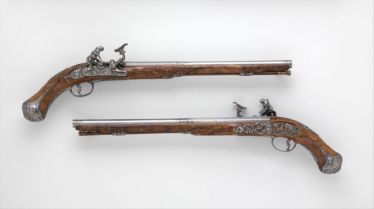 Pair of Pistols with Flintlocks alla Fiorentina, Attributed to Cristiano Leoni (Italian, Pistoia, active ca. 1780), Steel, wood, Italian, Pistoia 