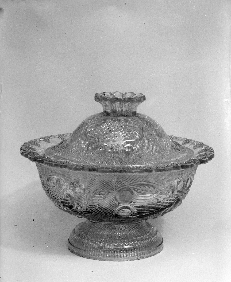 Covered Bowl, Lacy pressed glass, American 