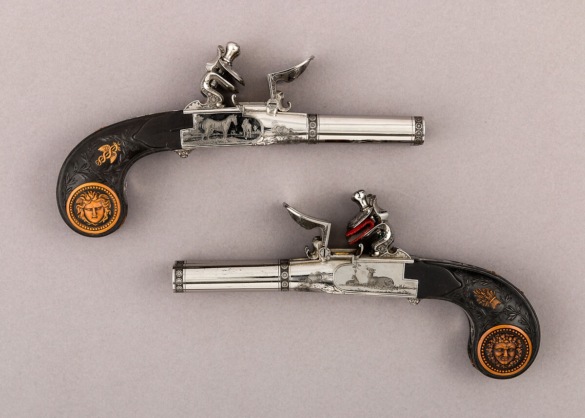 Cased Pair of Double-Barreled Turn-Off Flintlock Pistols, Jean Lepage (French, Paris, 1746–1834), Steel, wood (boxwood), brass, velvet, French, Paris