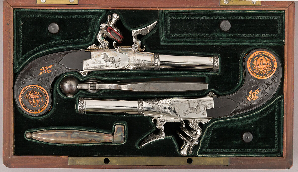 Cased Pair of Double-Barreled Turn-Off Flintlock Pistols, Jean Lepage (French, Paris, 1746–1834), Steel, wood (boxwood), brass, velvet, French, Paris 