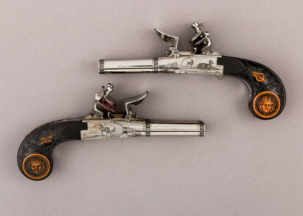 Cased Pair of Double-Barreled Turn-Off Flintlock Pistols, Jean Lepage (French, Paris, 1746–1834), Steel, wood (boxwood), brass, velvet, French, Paris