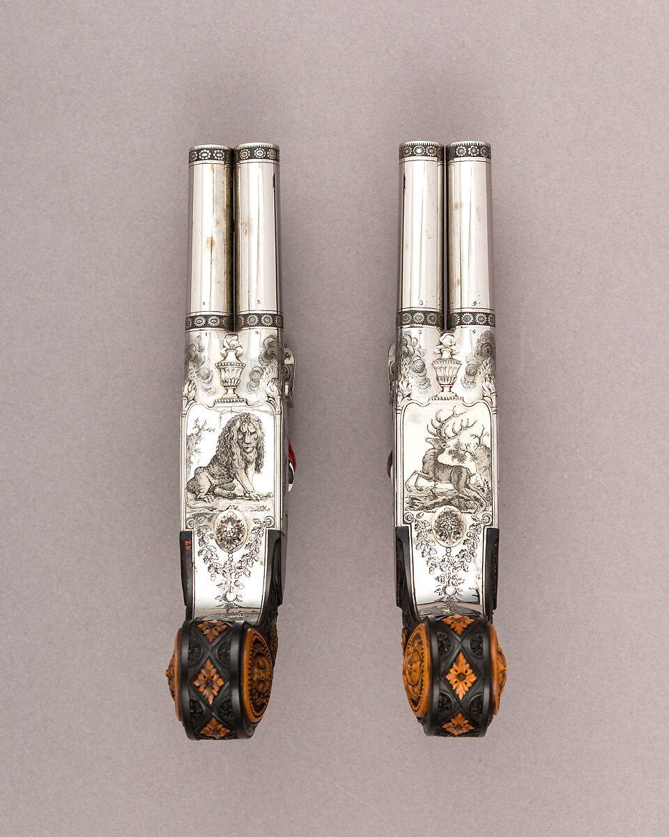 Cased Pair of Double-Barreled Turn-Off Flintlock Pistols, Jean Lepage (French, Paris, 1746–1834), Steel, wood (boxwood), brass, velvet, French, Paris