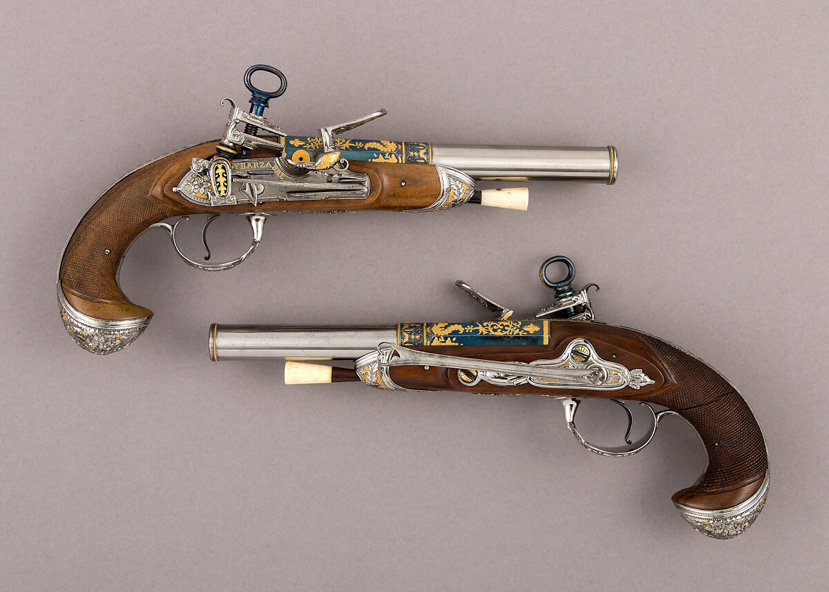 Pair of Pistols with Flintlocks a Las Tres Modas, Workshop of the Ybarzabel family (Spanish, Eibar, recorded 1784–1891), Steel, gold, wood (walnut), Spanish, Eibar 
