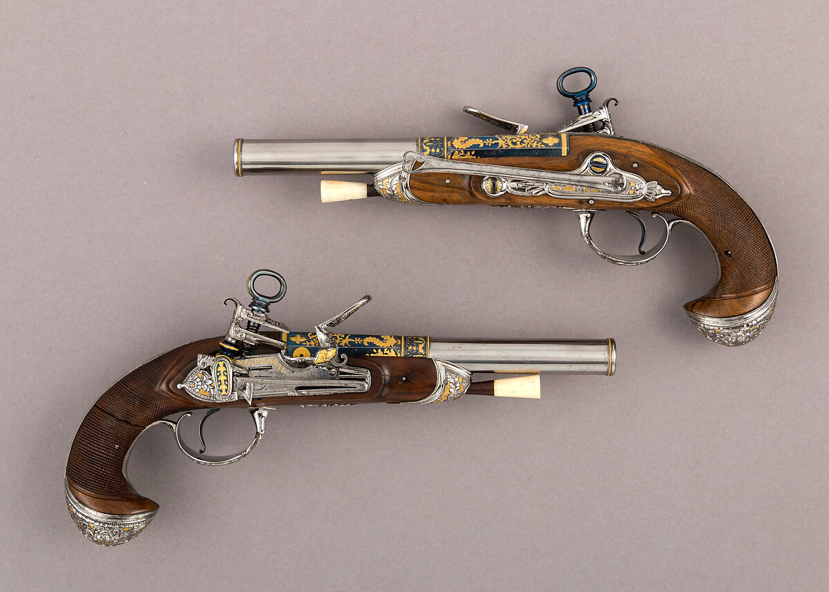 Pair of Pistols with Flintlocks a Las Tres Modas, Workshop of the Ybarzabel family (Spanish, Eibar, recorded 1784–1891), Steel, gold, wood (walnut), Spanish, Eibar