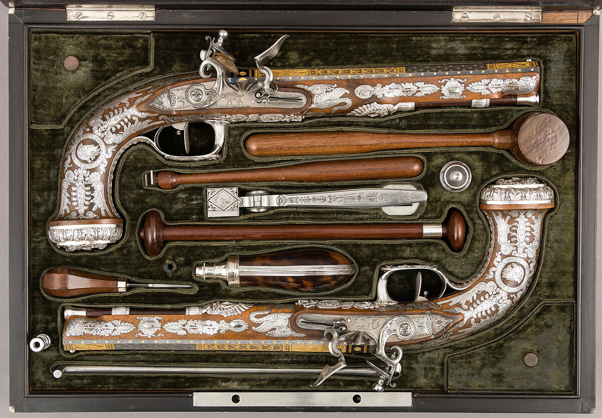 Cased Pair of Flintlock Pistols with Accessories, François Pirmet (French, Paris, recorded 1779–1818), Steel, gold, wood (walnut, mahogany), silver, tortoiseshell, velvet, French, Paris 