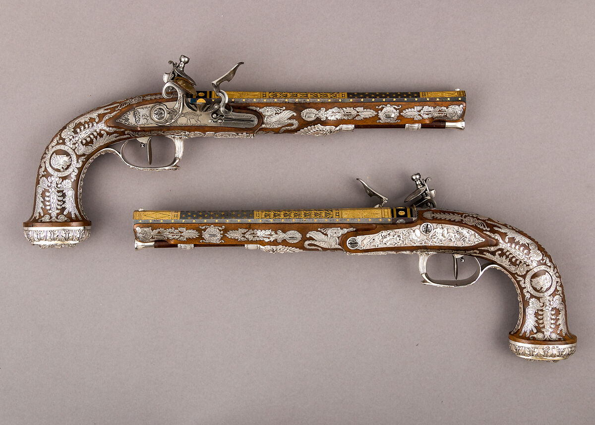 Cased Pair of Flintlock Pistols with Accessories, François Pirmet (French, Paris, recorded 1779–1818), Steel, gold, wood (walnut, mahogany), silver, tortoiseshell, velvet, French, Paris