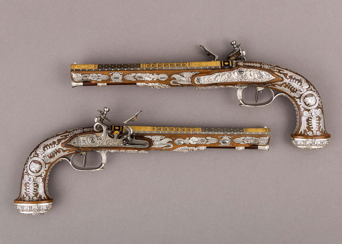 Cased Pair of Flintlock Pistols with Accessories, François Pirmet (French, Paris, recorded 1779–1818), Steel, gold, wood (walnut, mahogany), silver, tortoiseshell, velvet, French, Paris