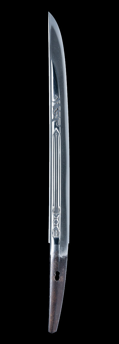 Blade and Mounting for a Short Sword (Wakizashi), Blade attributed to Yasutsugu (Japanese, active late 16th–early 17th century), Steel, wood, lacquer, leather, copper-gold alloy (shakudō), copper-silver alloy (shibuichi), copper, gold, horn, silver, Japanese