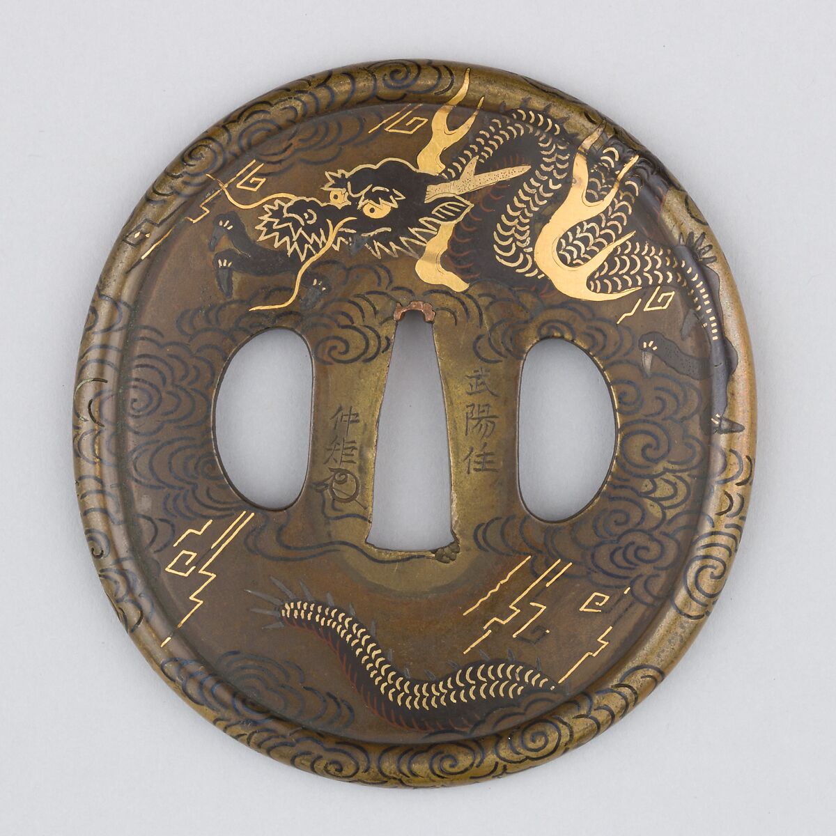 Sword Guard (Tsuba), Brass, copper-gold alloy (shakudō), gold, copper, Japanese 