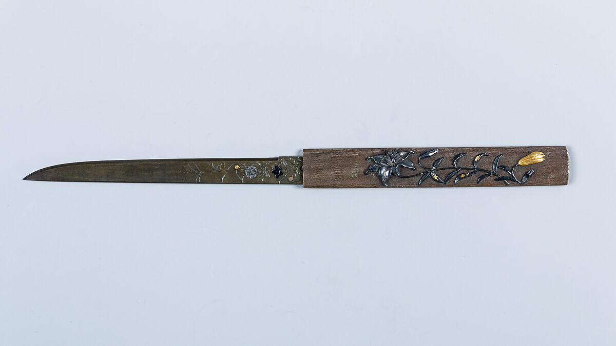 Knife Handle (Kozuka), Inscribed by Juō Masayoshi (Japanese, ca. 1772–ca. 1835), Copper-gold alloy (shakudō), copper-silver alloy (shibuichi), gold, Japanese 