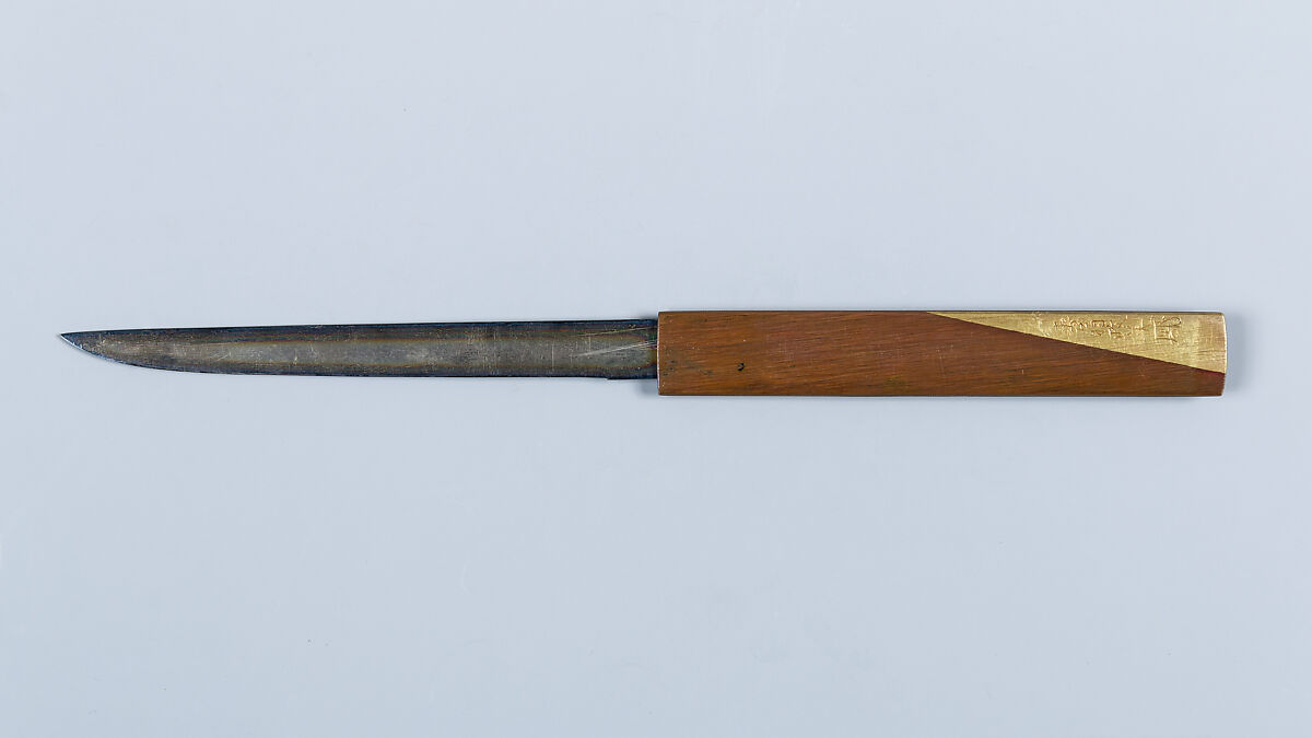 Knife Handle (Kozuka), Inscribed by Juō Masayoshi (Japanese, ca. 1772–ca. 1835), Copper-gold alloy (shakudō), copper-silver alloy (shibuichi), gold, Japanese